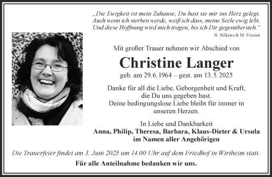 Traueranzeige von Christine Langer von Gelnhäuser Neue Zeitung