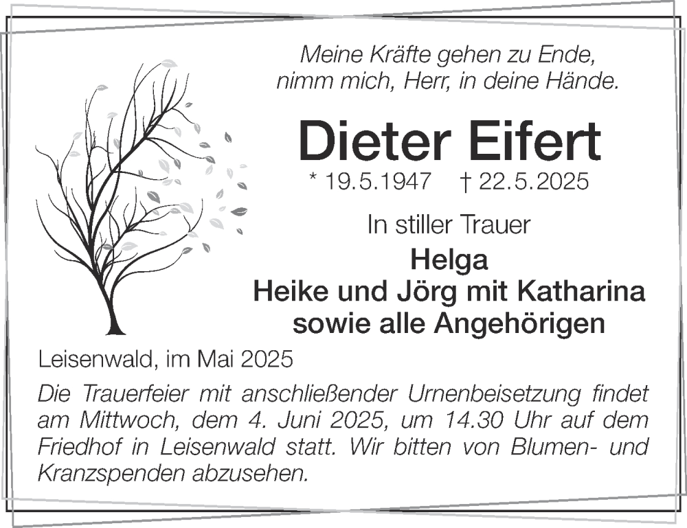  Traueranzeige für Dieter Eifert vom 31.05.2025 aus Gelnhäuser Neue Zeitung