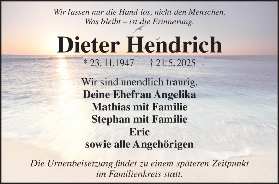 Traueranzeige von Dieter Hendrich von Gelnhäuser Neue Zeitung