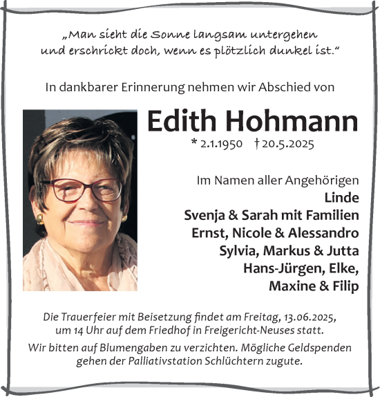 Traueranzeige von Edith Hohmann von Gelnhäuser Neue Zeitung