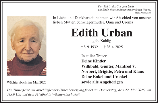 Traueranzeige von Edith Urban von Gelnhäuser Neue Zeitung