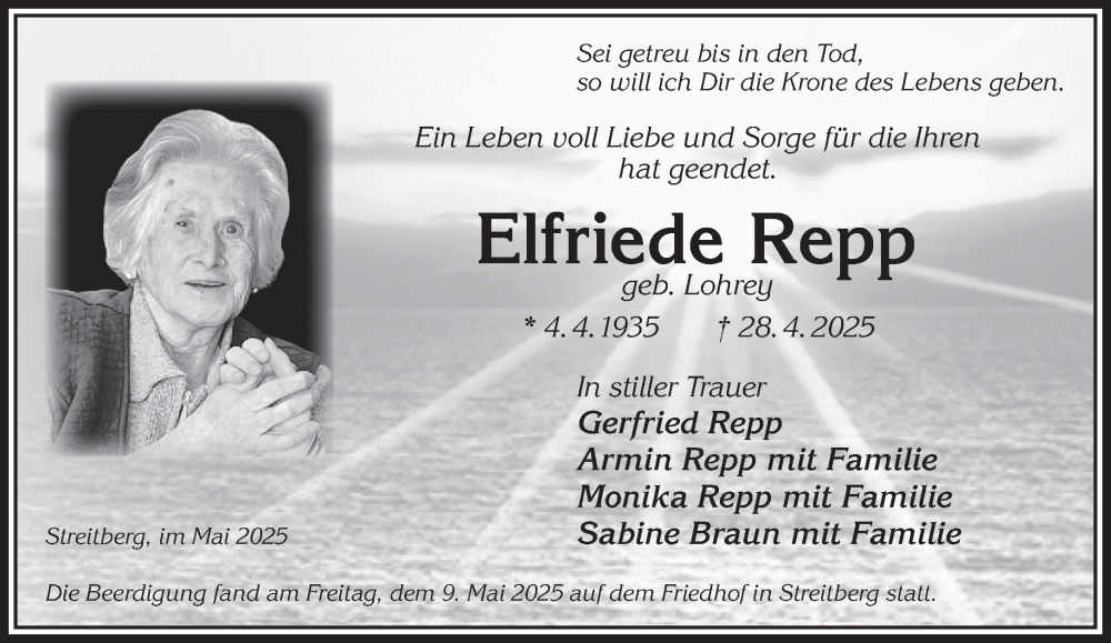  Traueranzeige für Elfriede Repp vom 10.05.2025 aus Mittelhessen-Bote