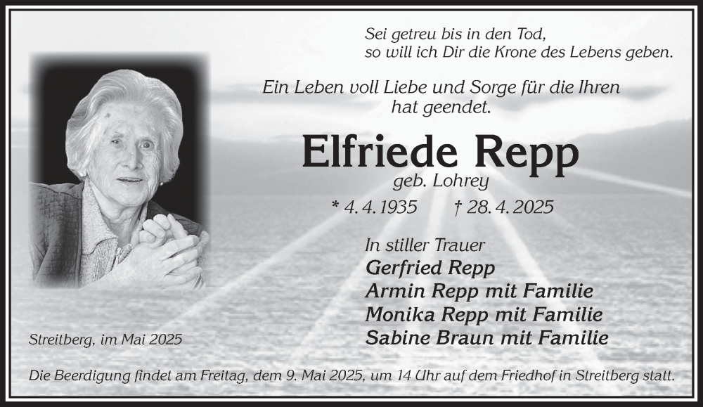  Traueranzeige für Elfriede Repp vom 02.05.2025 aus Gelnhäuser Neue Zeitung