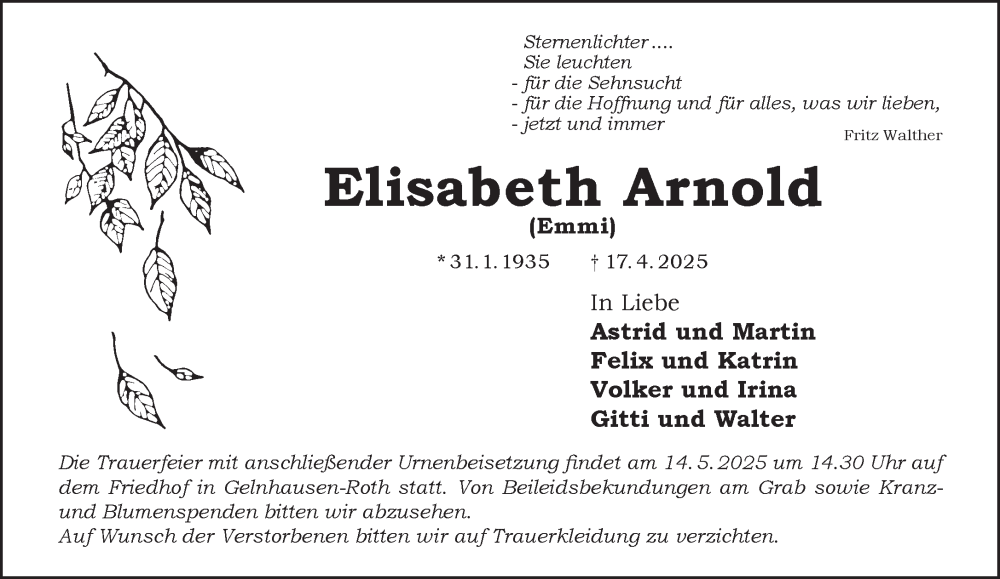  Traueranzeige für Elisabeth Arnold vom 03.05.2025 aus Gelnhäuser Neue Zeitung