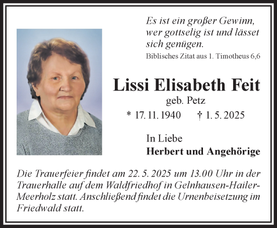 Traueranzeige von Elisabeth Feit von Gelnhäuser Neue Zeitung