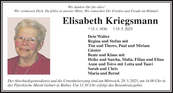 Traueranzeige von Elisabeth Kriegsmann von Gelnhäuser Neue Zeitung