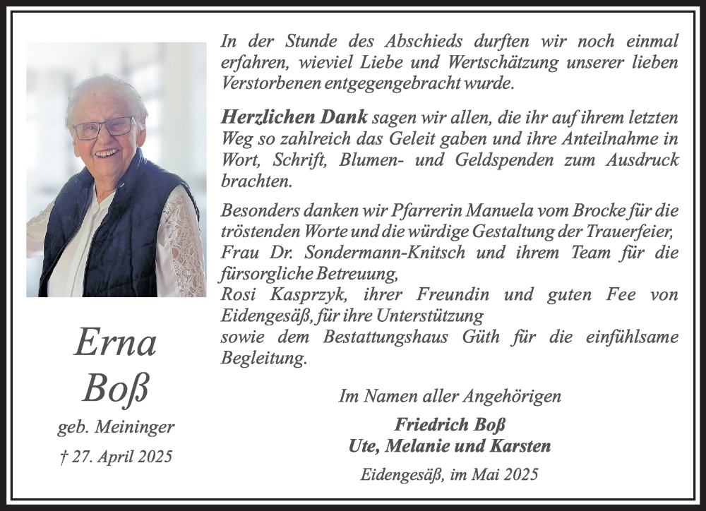  Traueranzeige für Erna Boß vom 24.05.2025 aus Mittelhessen-Bote