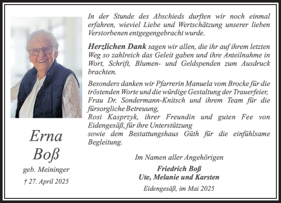 Traueranzeige von Erna Boß von Gelnhäuser Neue Zeitung