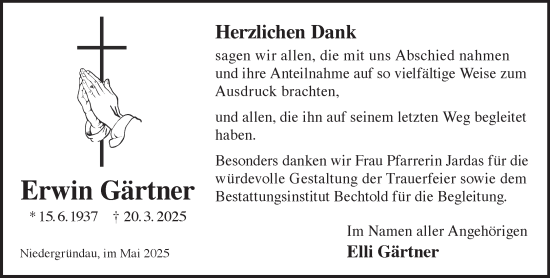 Traueranzeige von Erwin Gärtner von Gelnhäuser Neue Zeitung