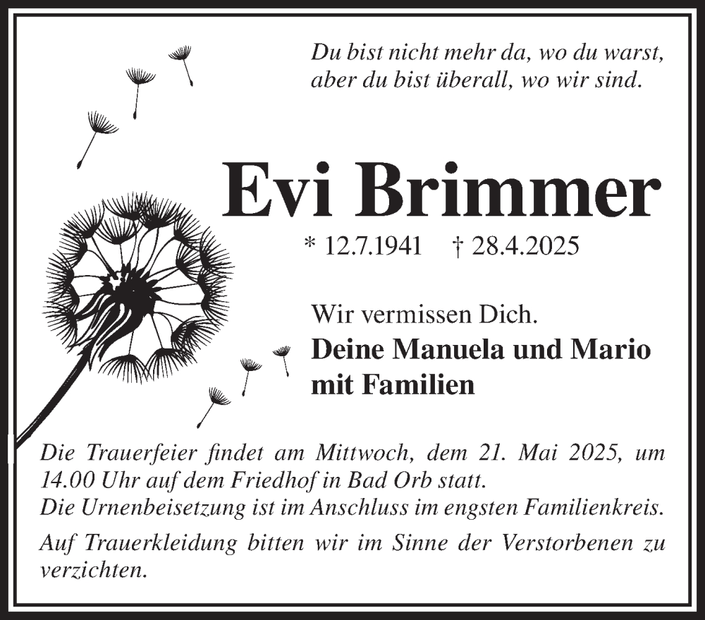  Traueranzeige für Evi Brimmer vom 17.05.2025 aus Gelnhäuser Neue Zeitung