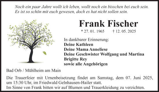 Traueranzeige von Frank Fischer von Gelnhäuser Neue Zeitung