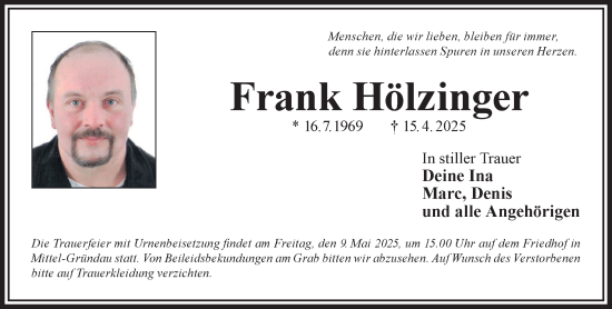 Traueranzeige von Frank Hölzinger von Gelnhäuser Neue Zeitung