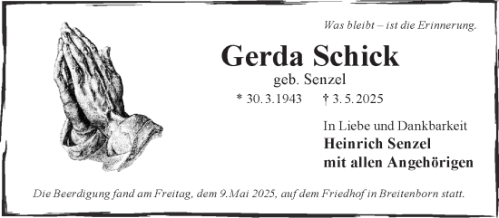 Traueranzeige von Gerda Schick von Mittelhessen-Bote