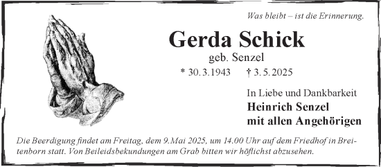 Traueranzeige von Gerda Schick von Gelnhäuser Neue Zeitung