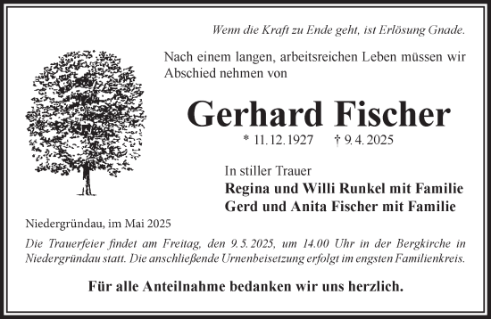 Traueranzeige von Gerhard Fischer von Gelnhäuser Neue Zeitung