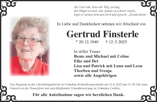 Traueranzeige von Gertrud Finsterle von Gelnhäuser Neue Zeitung