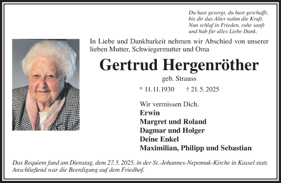 Traueranzeige von Gertrud Hergenröther von Mittelhessen-Bote