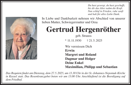 Traueranzeige von Gertrud Hergenröther von Gelnhäuser Neue Zeitung