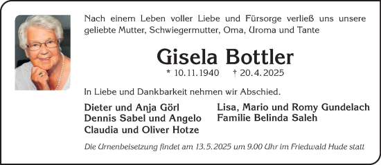 Traueranzeige von Gisela Bottler von Gelnhäuser Neue Zeitung
