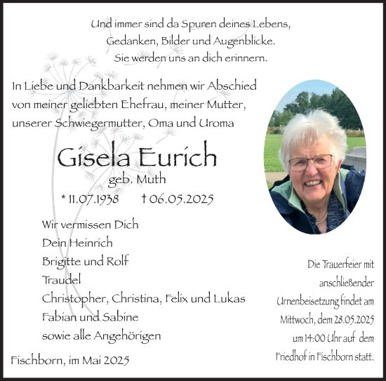 Traueranzeige von Gisela Eurich von Gelnhäuser Neue Zeitung