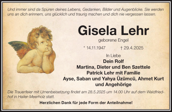Traueranzeige von Gisela Lehr von Gelnhäuser Neue Zeitung