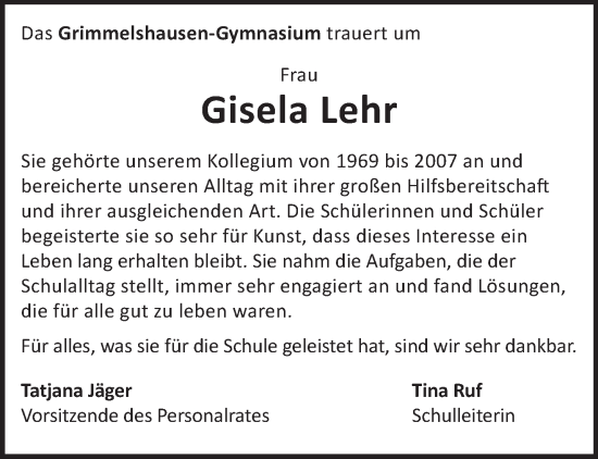 Traueranzeige von Gisela Lehr von Gelnhäuser Neue Zeitung