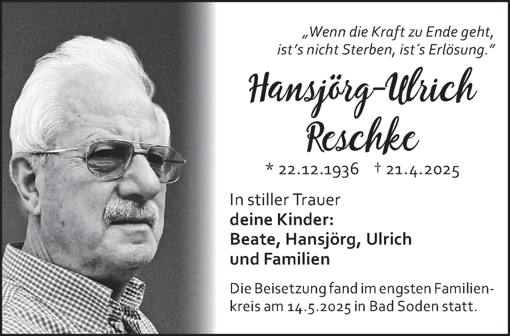  Traueranzeige für Hansjörg-Ulrich Reschke vom 17.05.2025 aus Gelnhäuser Neue Zeitung
