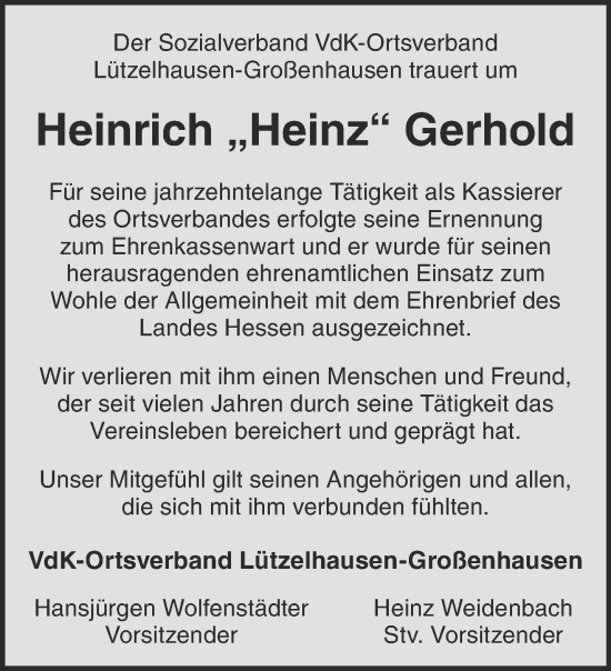 Traueranzeige von Heinrich Gerhold von Mittelhessen-Bote