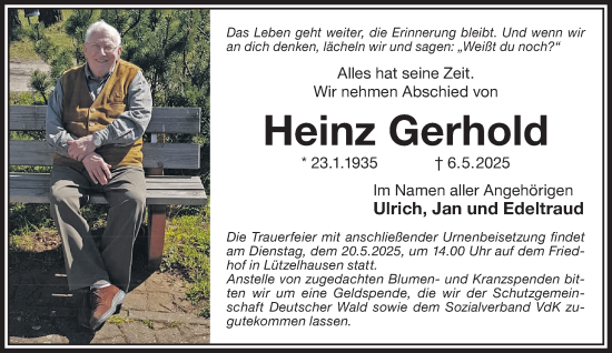 Traueranzeige von Heinz Gerhold von Gelnhäuser Neue Zeitung