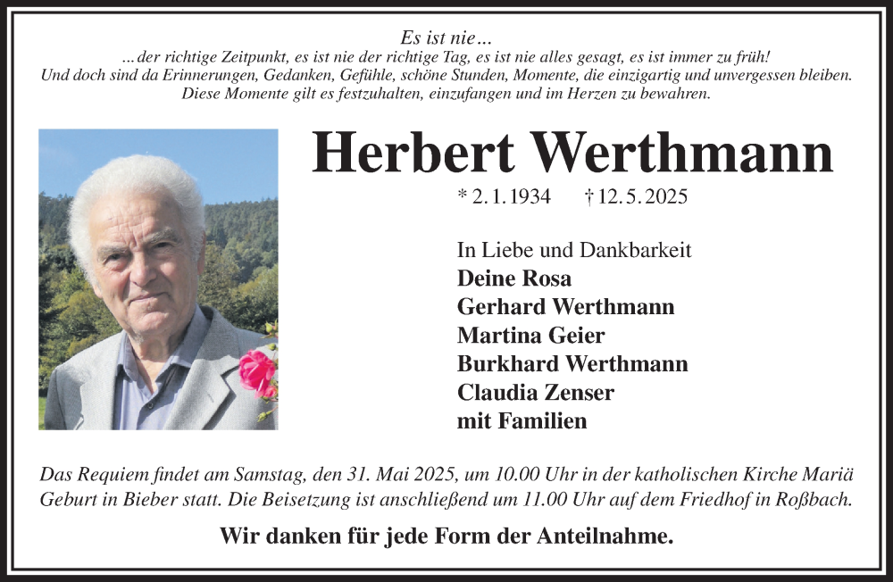  Traueranzeige für Herbert Werthmann vom 24.05.2025 aus Mittelhessen-Bote