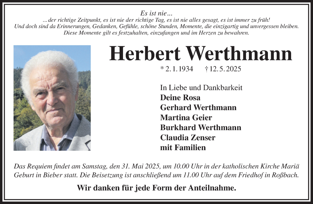  Traueranzeige für Herbert Werthmann vom 28.05.2025 aus Gelnhäuser Neue Zeitung
