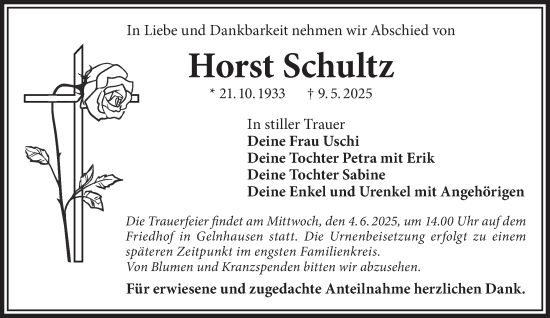 Traueranzeige von Horst Schultz von Gelnhäuser Neue Zeitung