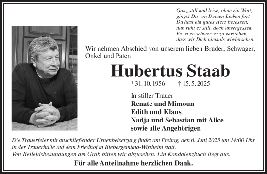 Traueranzeige von Hubertus Staab von Mittelhessen-Bote