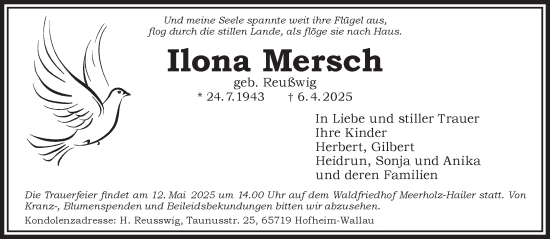 Traueranzeige von Ilona Mersch von Gelnhäuser Neue Zeitung