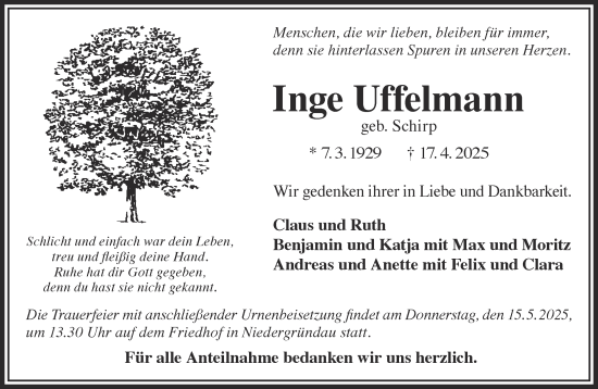 Traueranzeige von Inge Uffelmann von Gelnhäuser Neue Zeitung