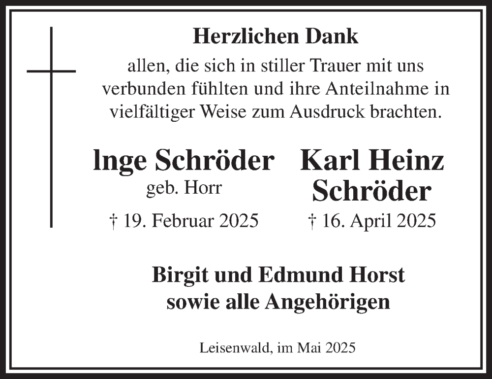  Traueranzeige für Inge und Karl Heinz Schröder vom 31.05.2025 aus Mittelhessen-Bote