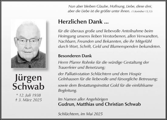 Traueranzeige von Jürgen Schwab von Gelnhäuser Neue Zeitung