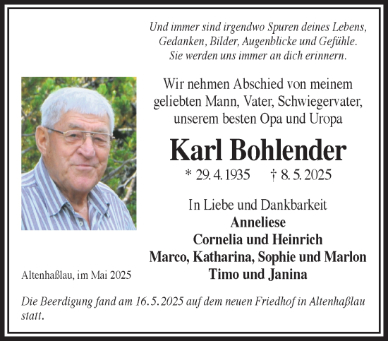 Traueranzeige von Karl Bohlender von Mittelhessen-Bote