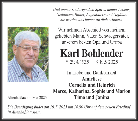 Traueranzeige von Karl Bohlender von Gelnhäuser Neue Zeitung