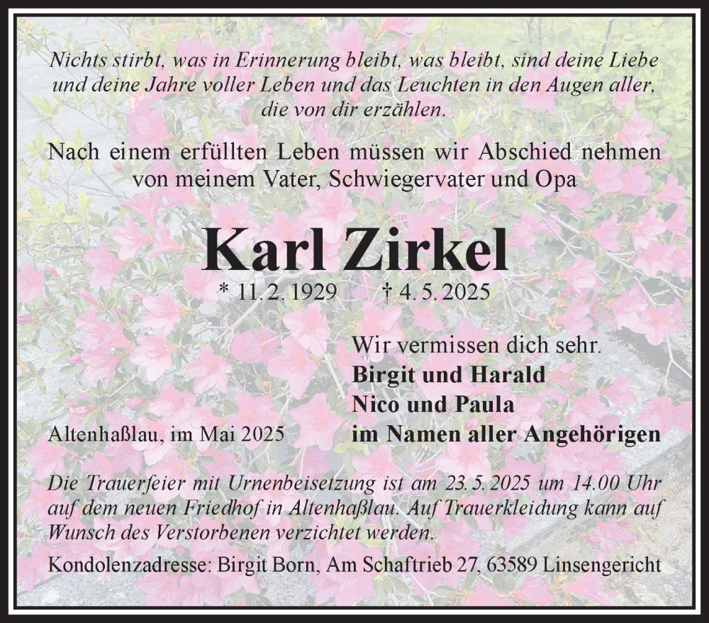  Traueranzeige für Karl Zirkel vom 17.05.2025 aus Mittelhessen-Bote