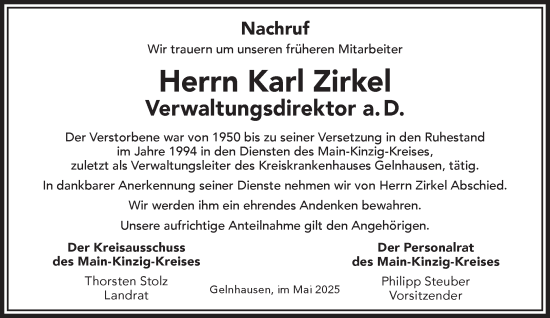 Traueranzeige von Karl Zirkel von Gelnhäuser Neue Zeitung