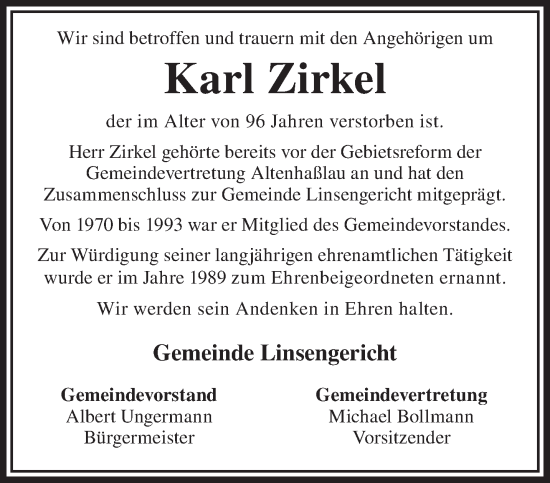 Traueranzeige von Karl Zirkel von Gelnhäuser Neue Zeitung