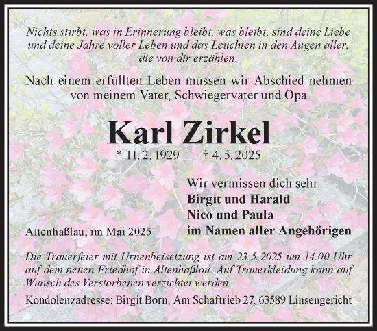Traueranzeige von Karl Zirkel von Gelnhäuser Neue Zeitung