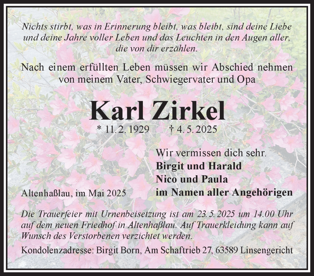  Traueranzeige für Karl Zirkel vom 10.05.2025 aus Gelnhäuser Neue Zeitung