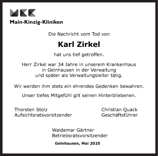 Traueranzeige von Karl Zirkel von Gelnhäuser Neue Zeitung