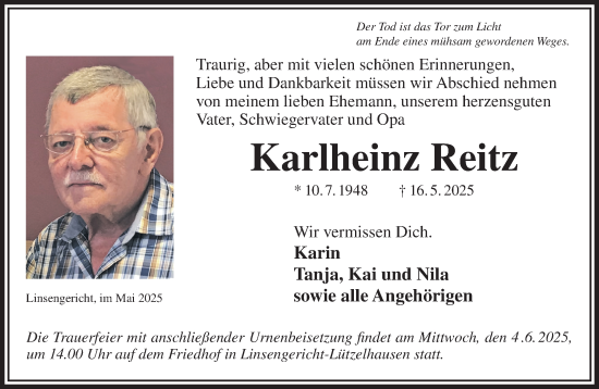 Traueranzeige von Karlheinz Reitz von Mittelhessen-Bote