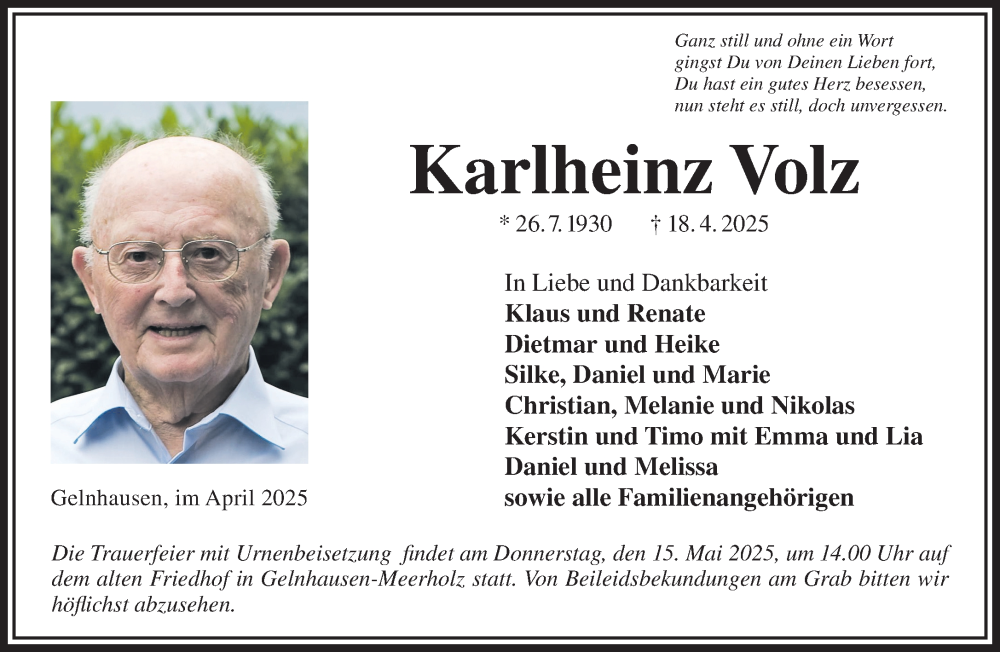  Traueranzeige für Karlheinz Volz vom 10.05.2025 aus Gelnhäuser Neue Zeitung