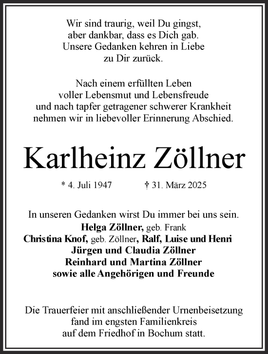 Traueranzeige von Karlheinz Zöllner von Gelnhäuser Neue Zeitung
