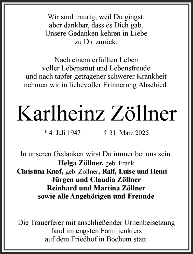  Traueranzeige für Karlheinz Zöllner vom 03.05.2025 aus Gelnhäuser Neue Zeitung
