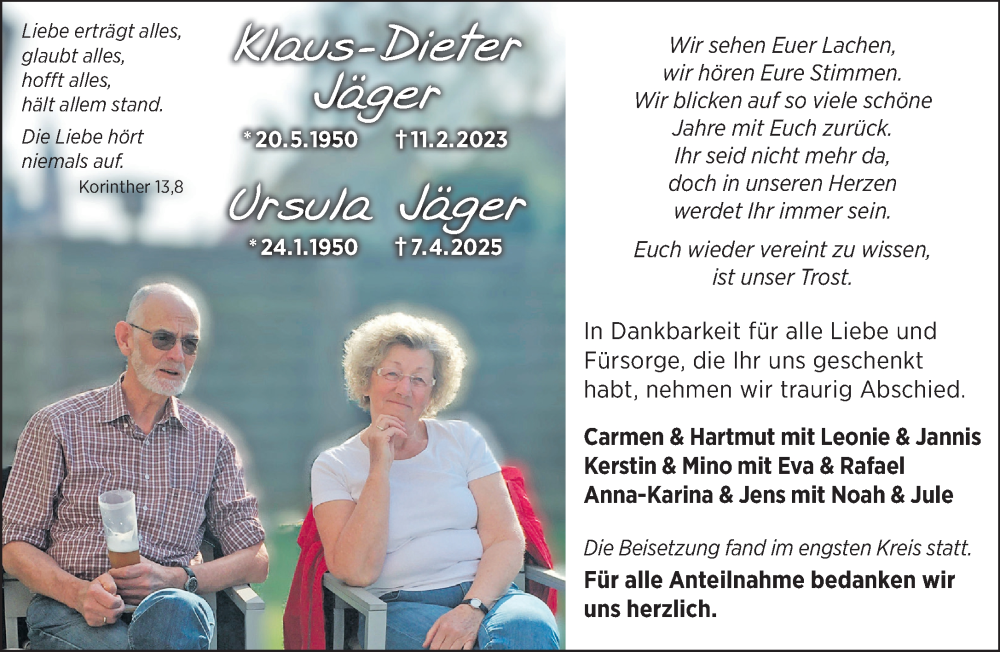  Traueranzeige für Klaus-Dieter und Ursula Jäger vom 03.05.2025 aus Mittelhessen-Bote